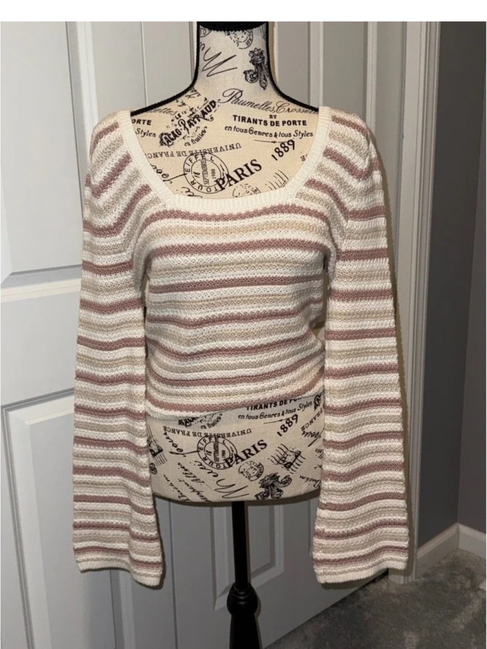 Hollister Striped Shaker Knit Crewneck Sweater Cream Pink Brown XS